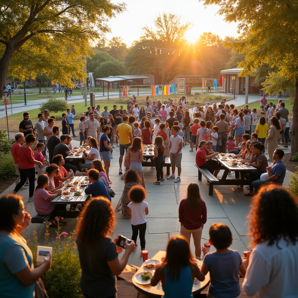 Outdoor community gathering with residents of various ages celebrating together, banners visible in background showing completed neighborhood improvements