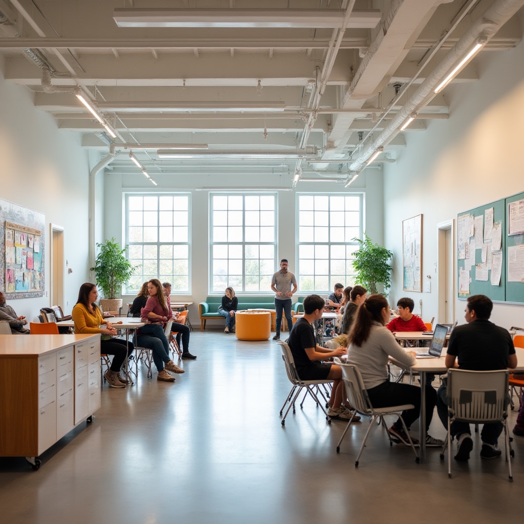 Modern community center interior with flexible multipurpose space, movable furniture, natural lighting, people engaged in various activities