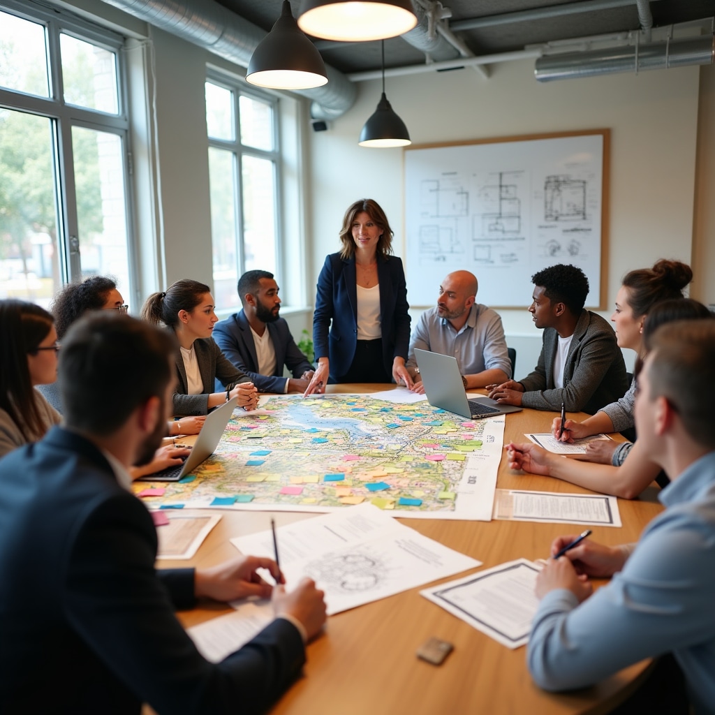 Community members gathered around a large table reviewing urban planning maps and documents together