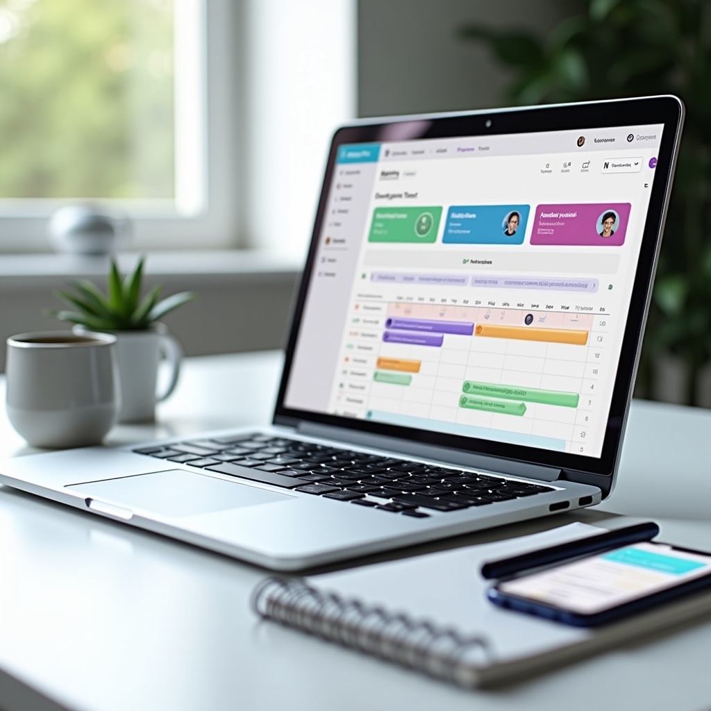 Modern laptop screen displaying a collaborative project management interface with timeline, task assignments, and community feedback sections