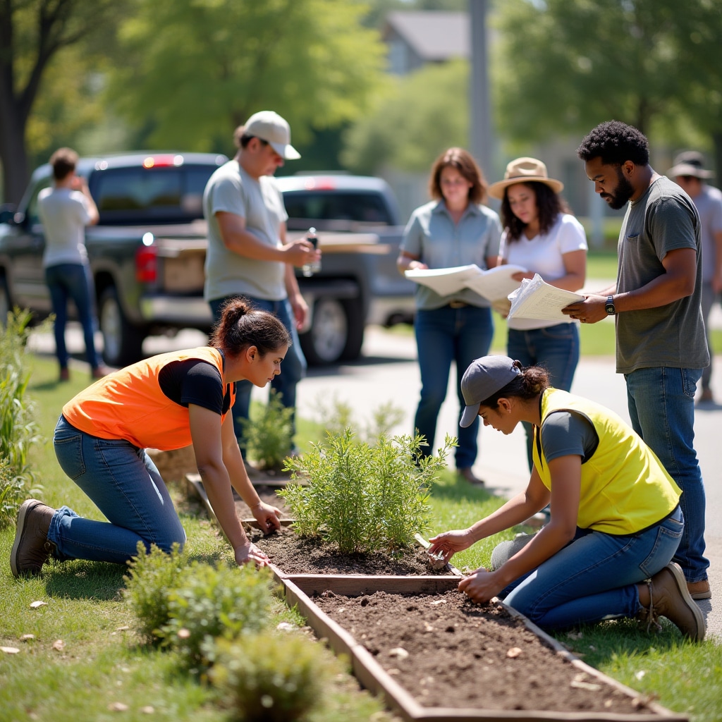 Diverse team working together outdoors in neighborhood setting, some using tools while others review plans on clipboards