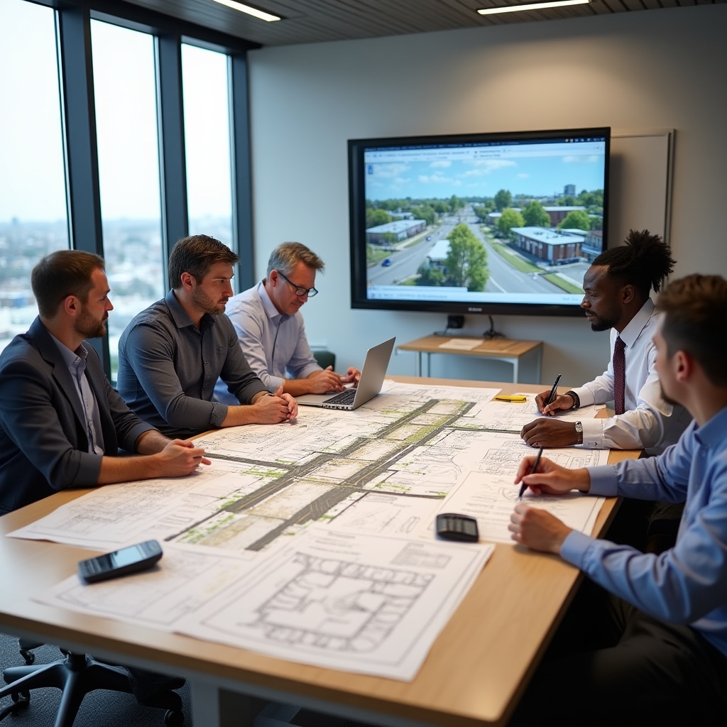 Community members and technical experts reviewing infrastructure blueprints and diagrams spread across a large table