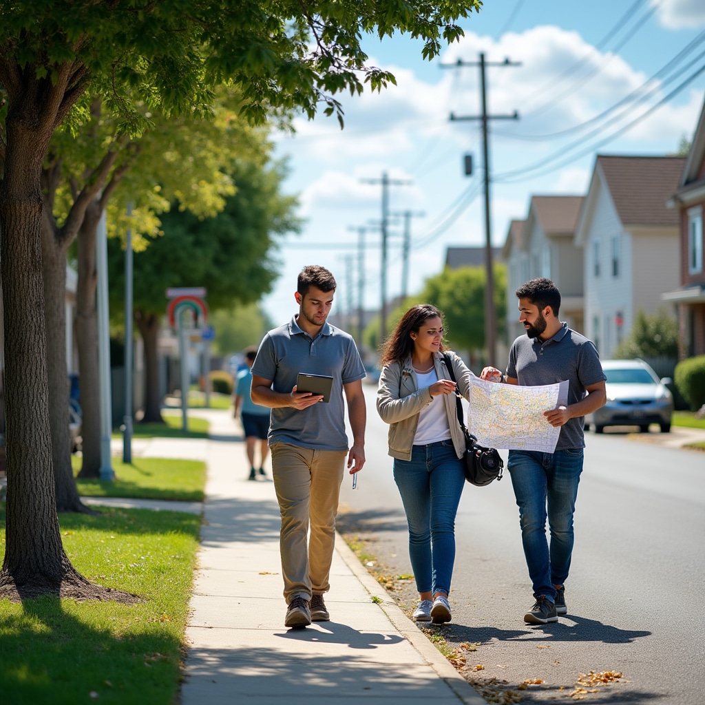 Small group of people walking through a residential neighborhood, one person holding a tablet taking notes while others point at buildings and infrastructure