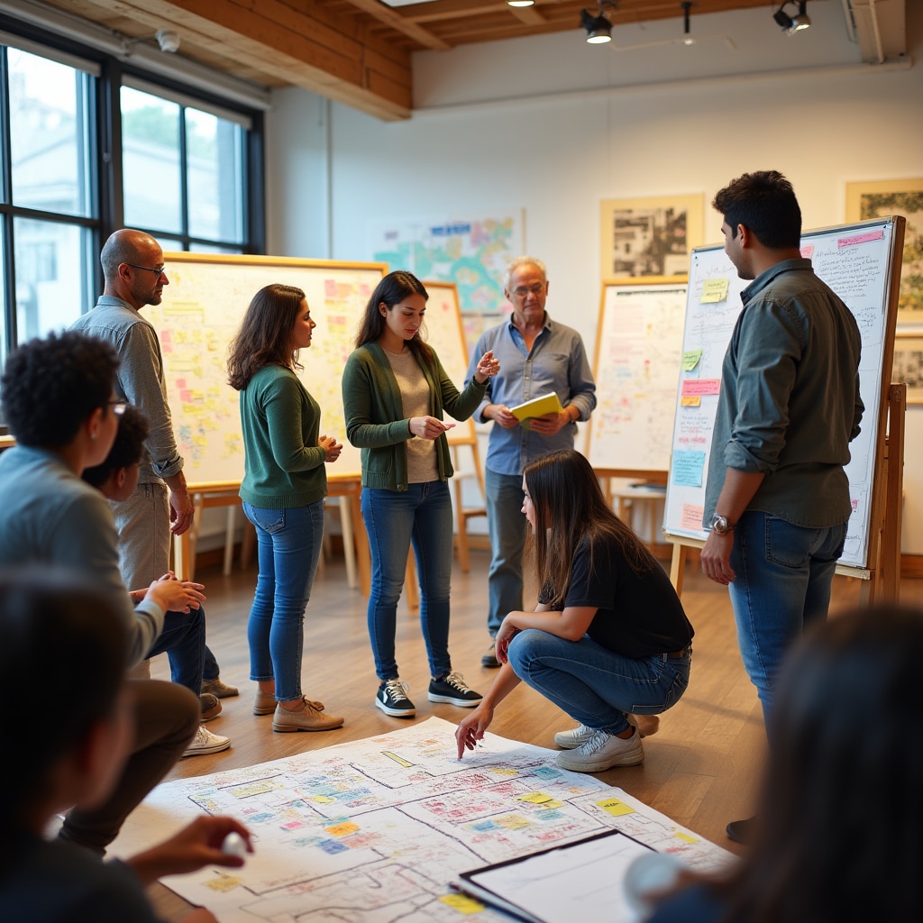Diverse group of community members participating in an interactive workshop, placing colored sticky notes on large planning boards
