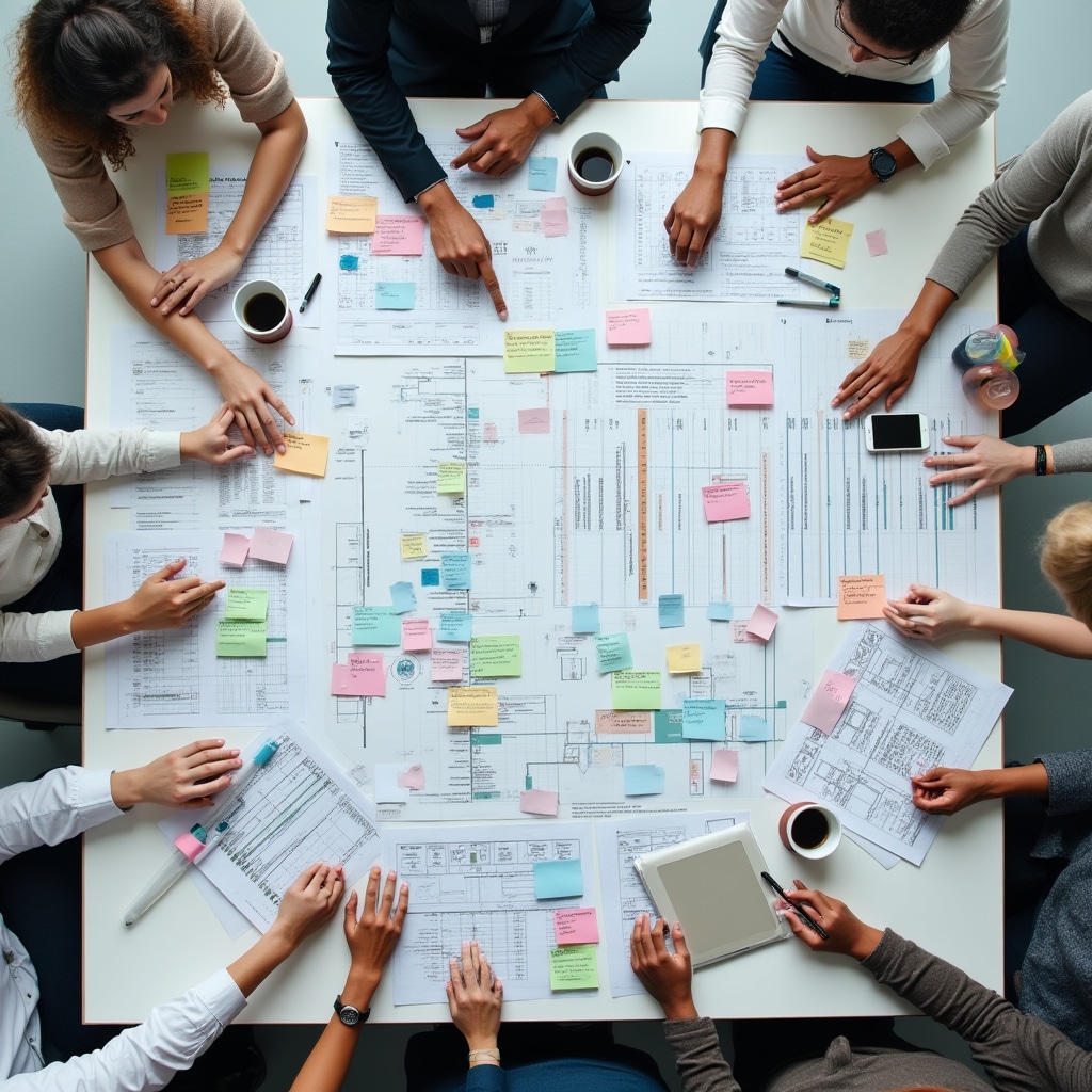 Overhead view of large table covered with project plans, timeline charts, and resource allocation documents, multiple hands pointing at different sections