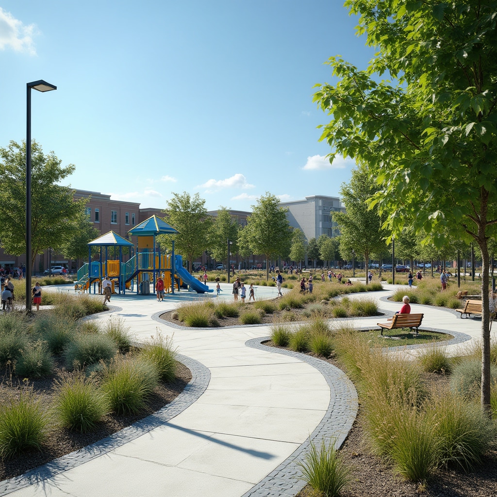 Renovated neighborhood park with modern playground equipment, walking paths, benches, and landscaped gardens, families enjoying the space