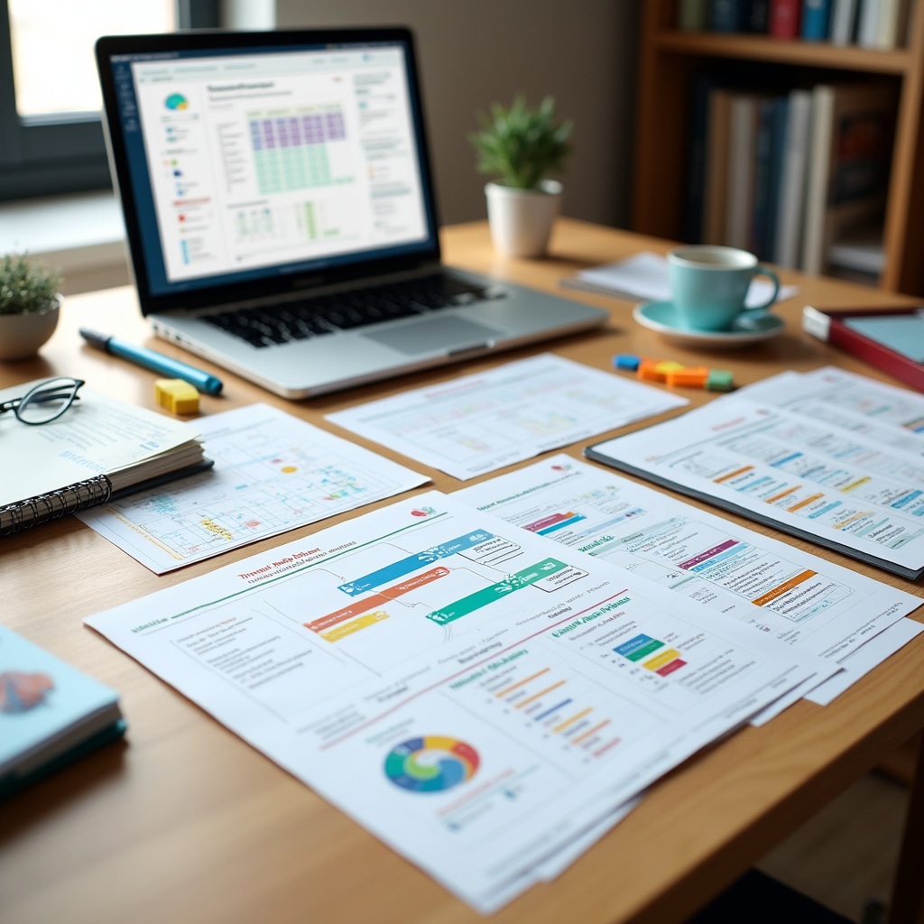 Organized workspace with various planning documents, templates, and guides spread across desk, laptop showing project management dashboard