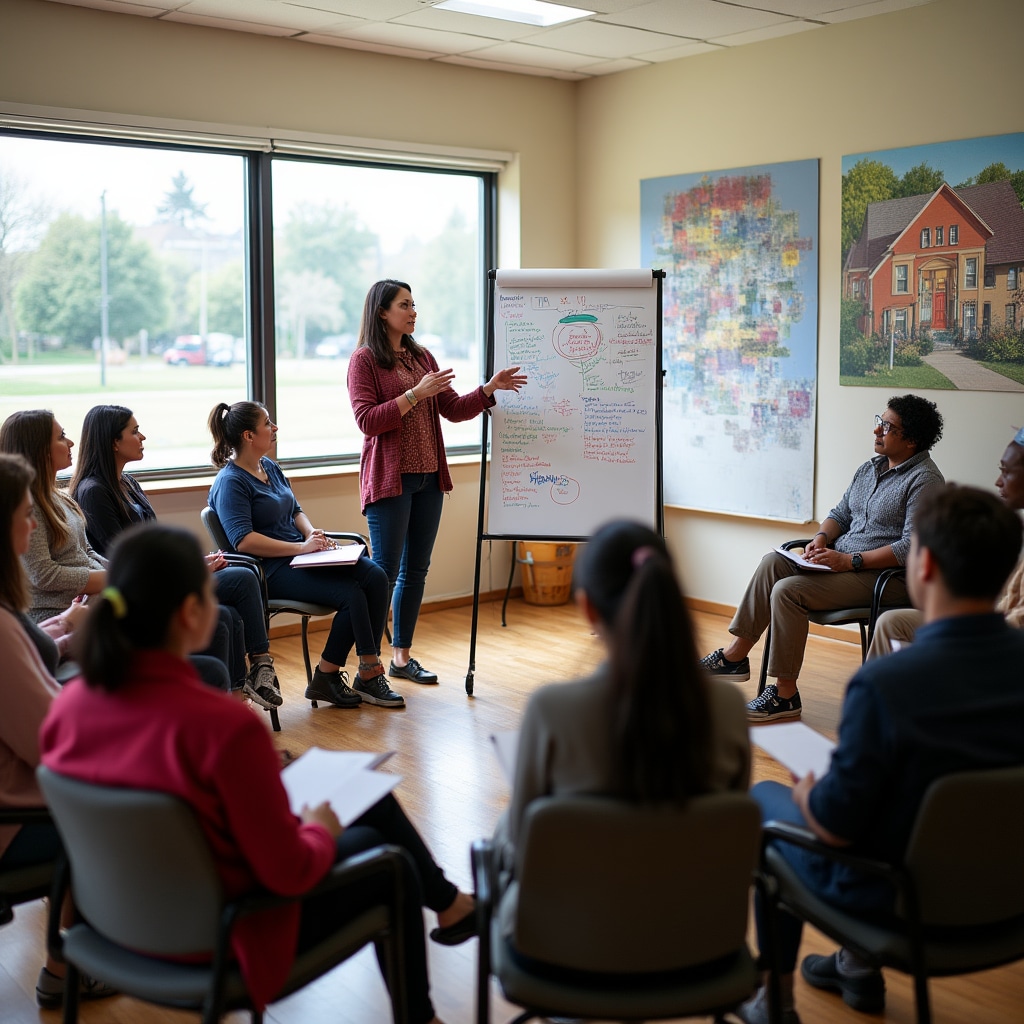 Community members seated in a circle formation, facilitator standing at whiteboard covered with colorful diagrams and written ideas